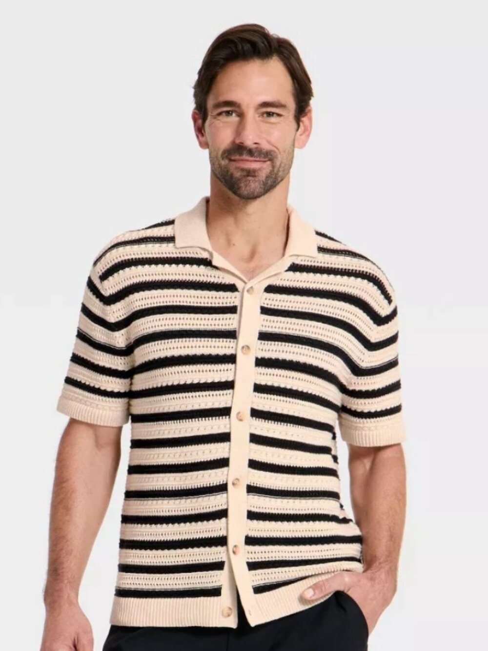 NEW Goodfellow & Co Men's Short Sleeve Full-Button Black Striped Large Polo Swea